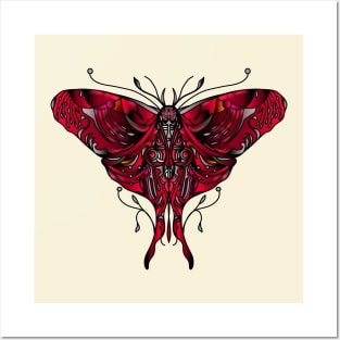 Red natura moth illustration in tattoo style shading Posters and Art